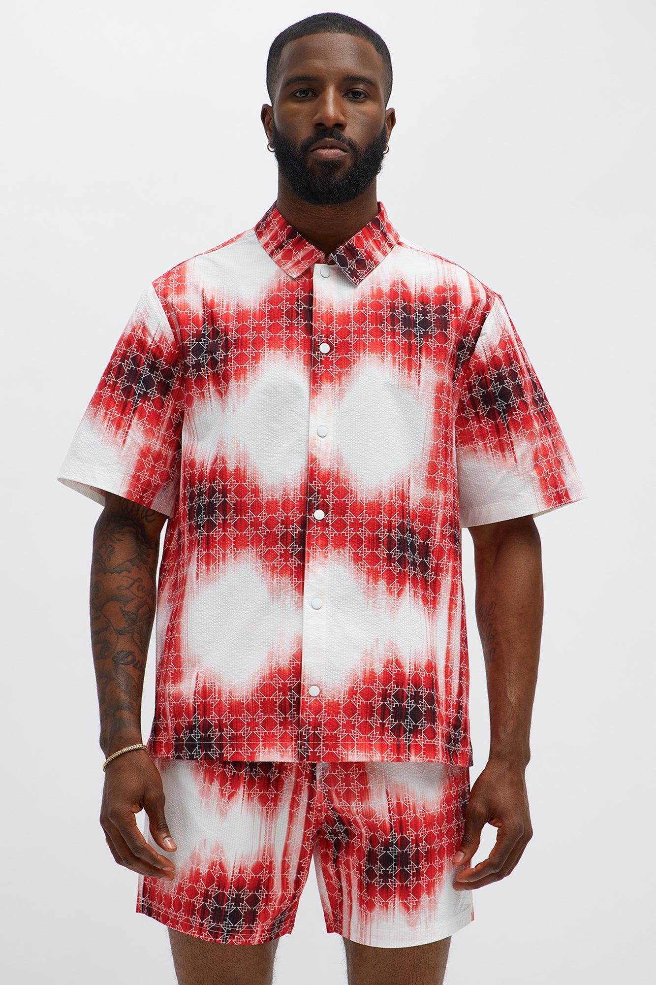 Seersucker Tie Dye Printed Closed Collar Shirt - Red/combo