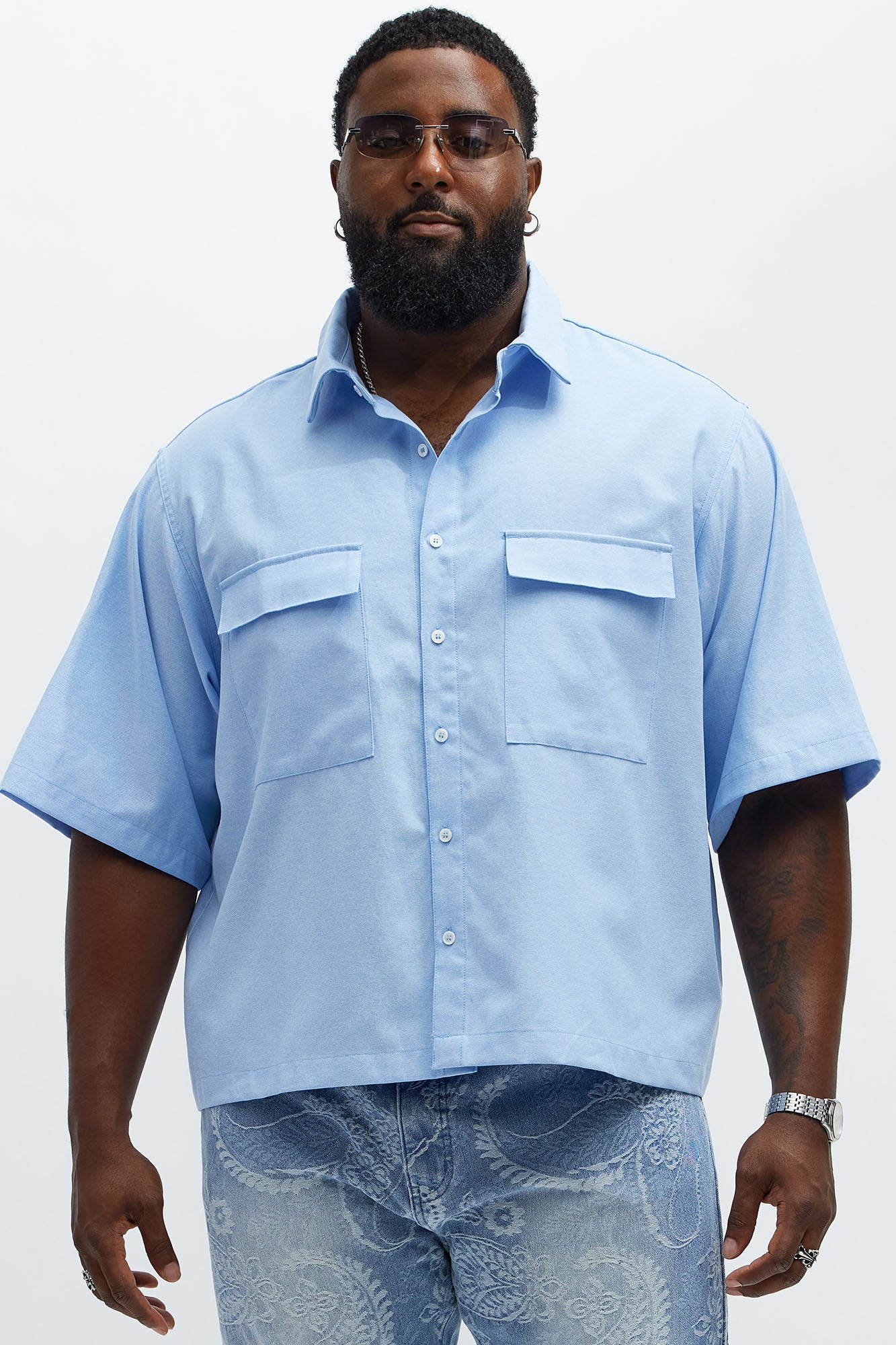 Cropped Double Pocket Button Up Shirt - Blue