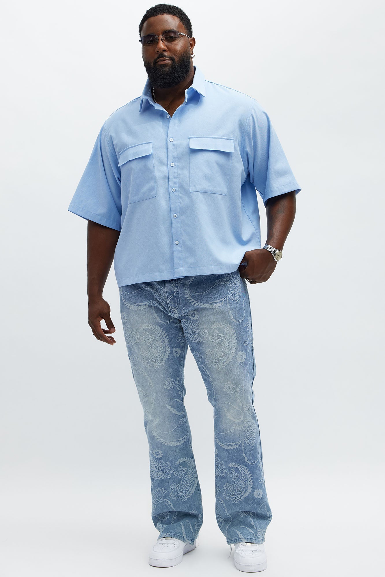 Cropped Double Pocket Button Up Shirt - Blue