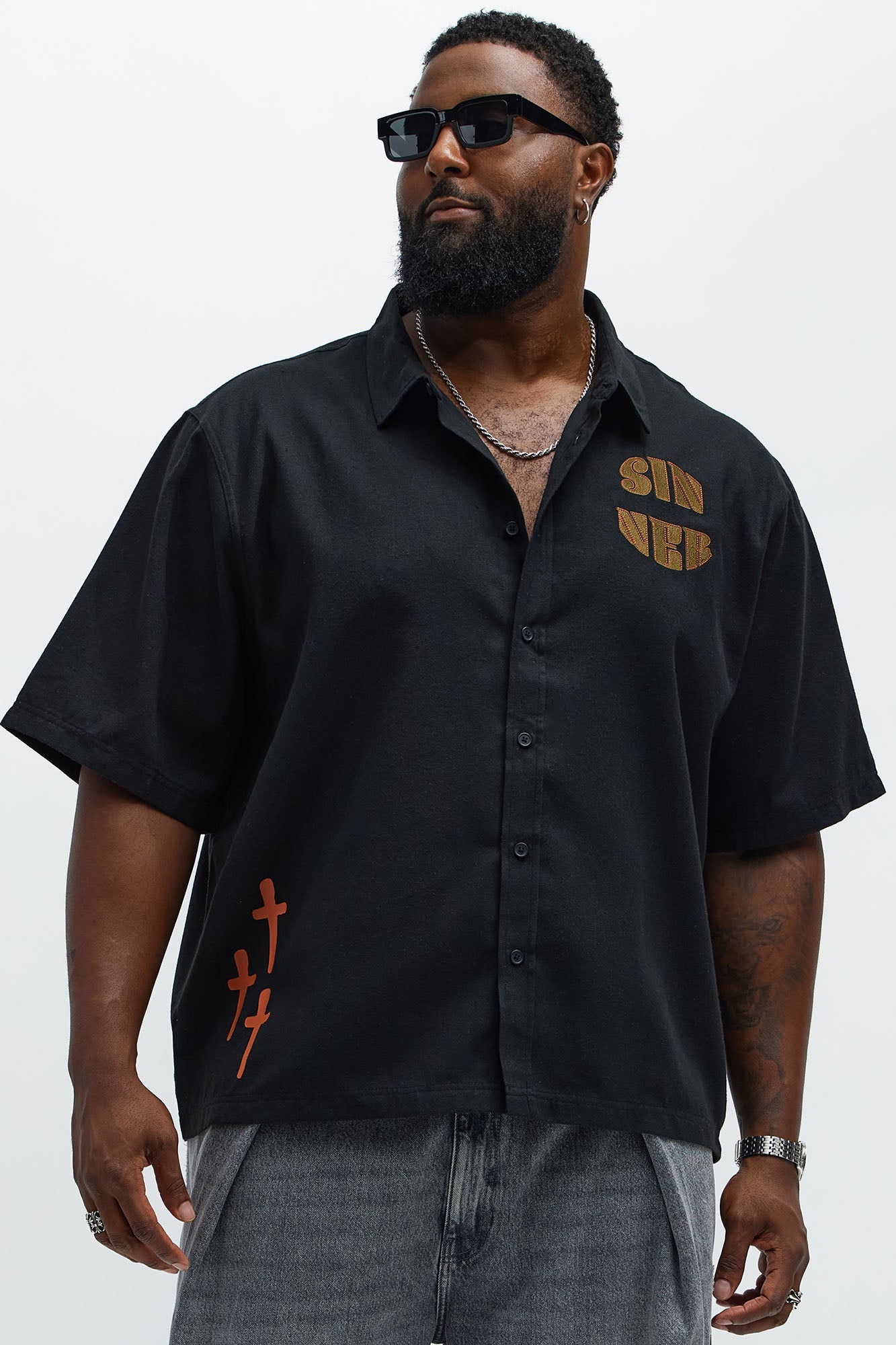 Sinner Cropped Button Up Shirt - Black