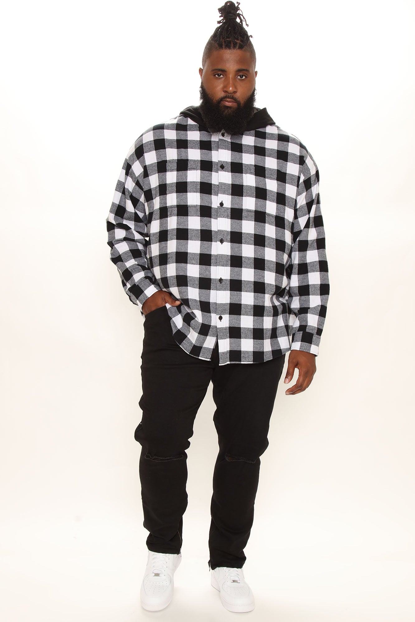 Good Luck Hooded Plaid Flannel Shirt - White/Black