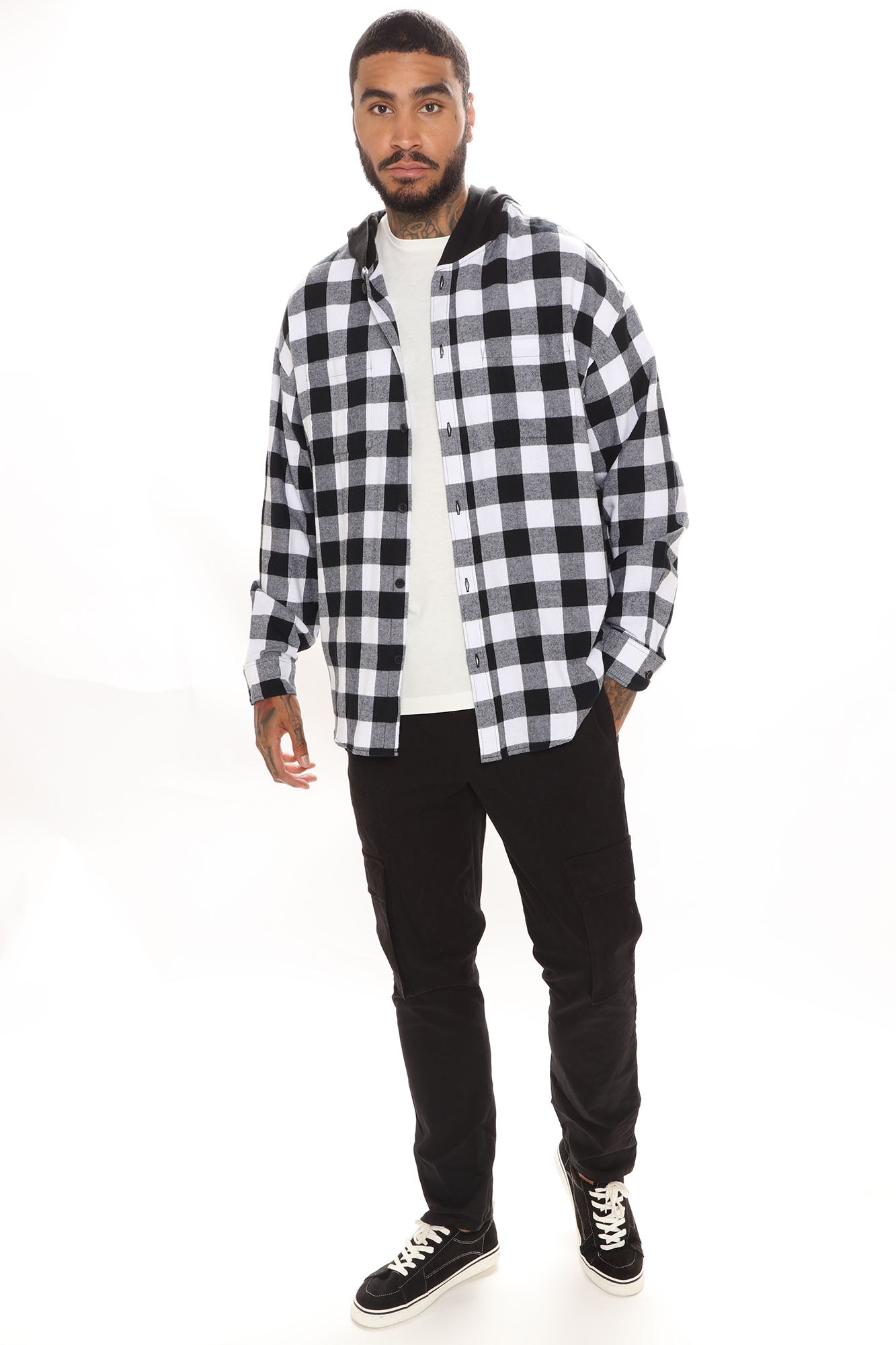 Good Luck Hooded Plaid Flannel Shirt - White/Black