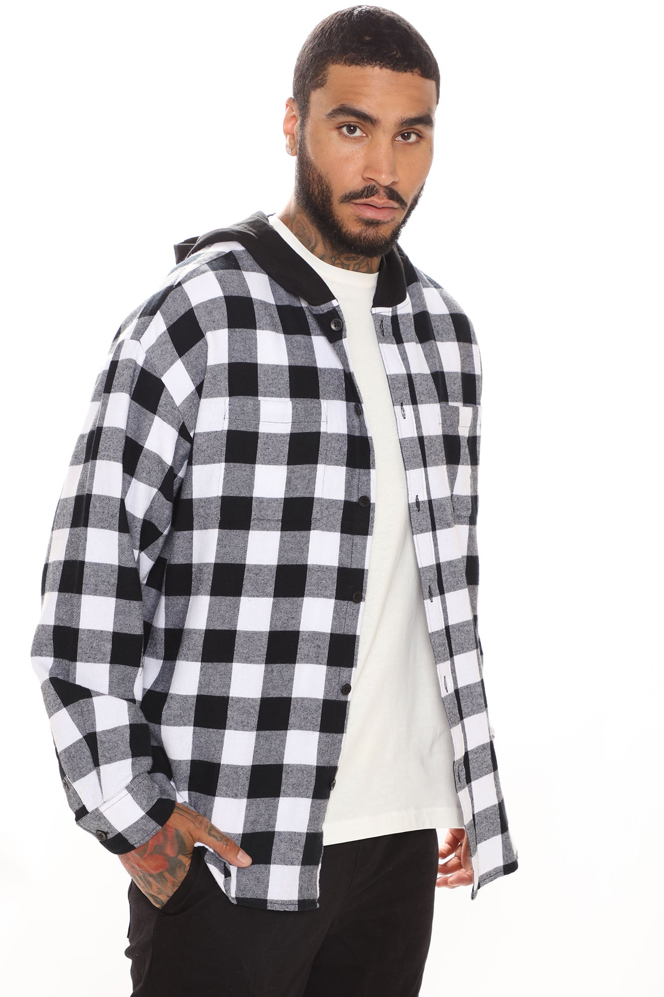 Good Luck Hooded Plaid Flannel Shirt - White/Black