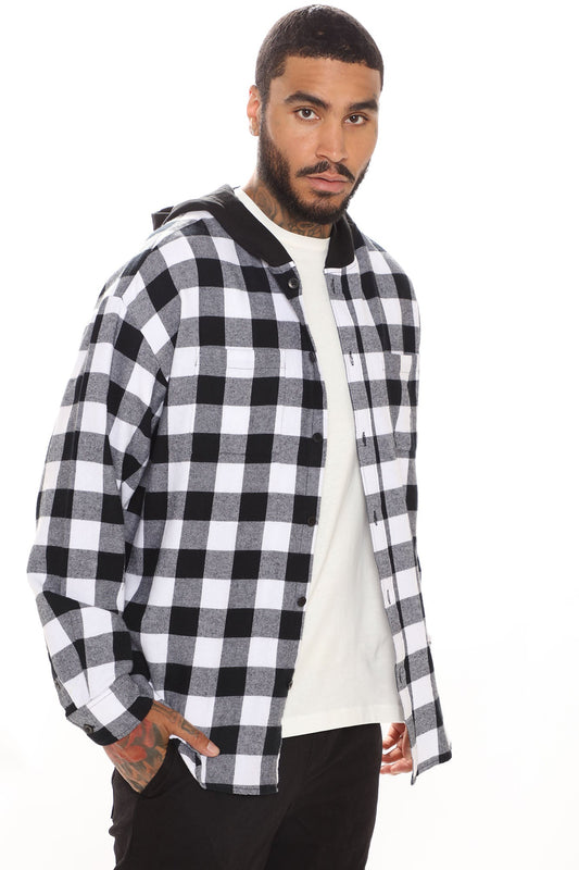 Good Luck Hooded Plaid Flannel Shirt - White/Black