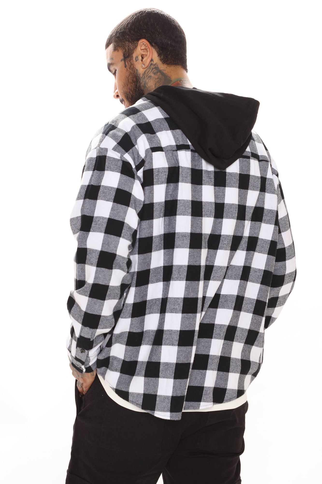 Good Luck Hooded Plaid Flannel Shirt - White/Black