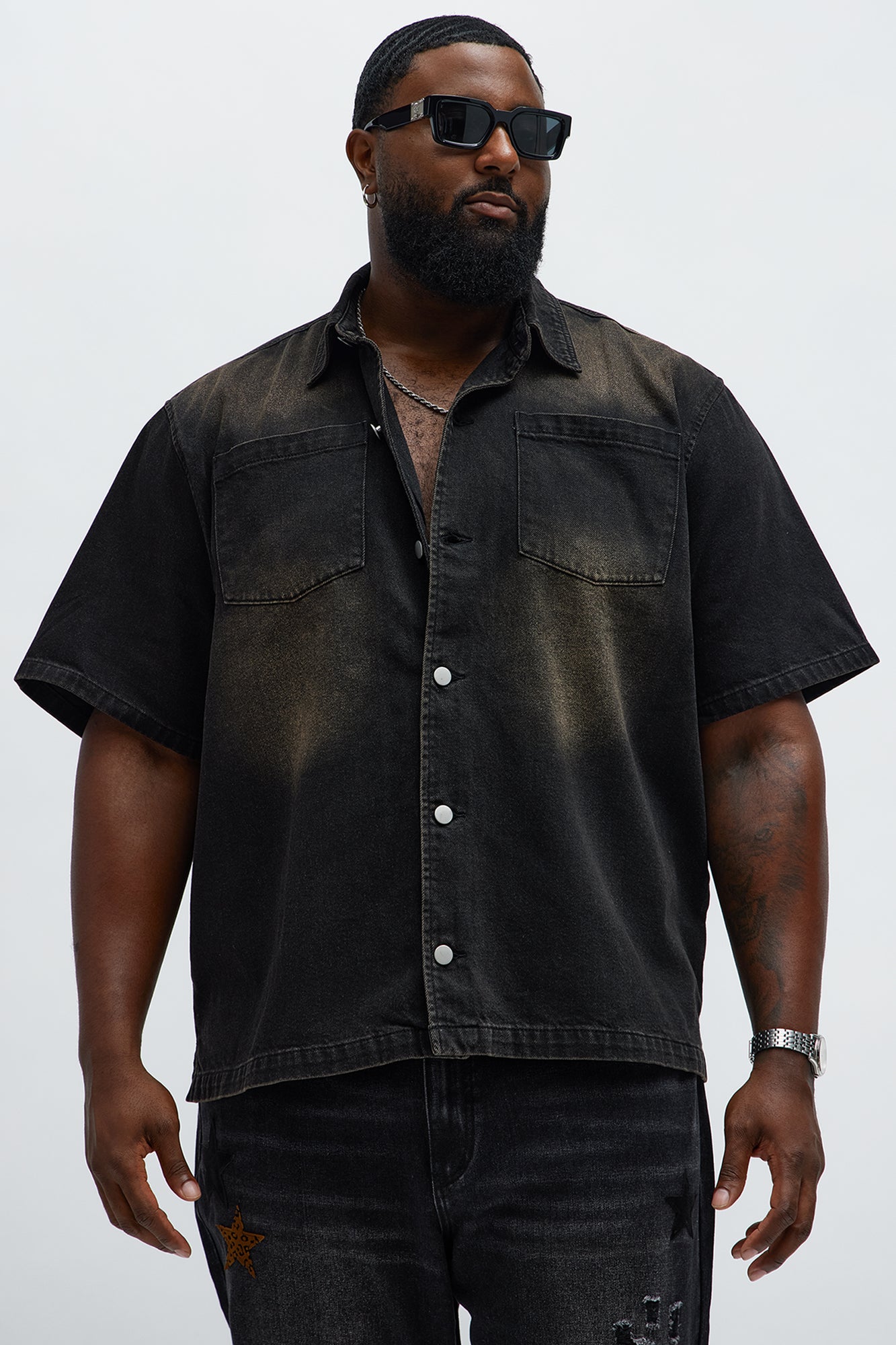 Washed Denim Button Up  - Black