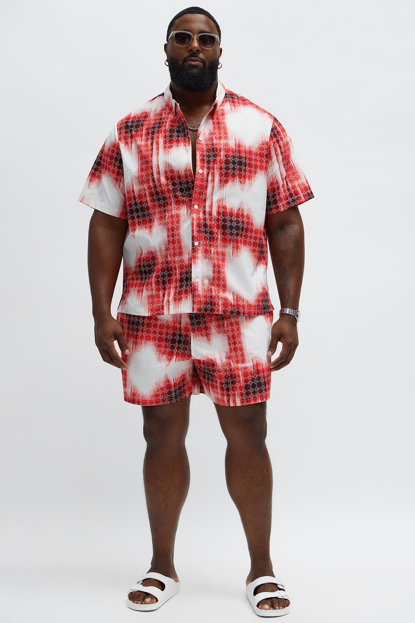 Seersucker Tie Dye Printed Closed Collar Shirt - Red/combo
