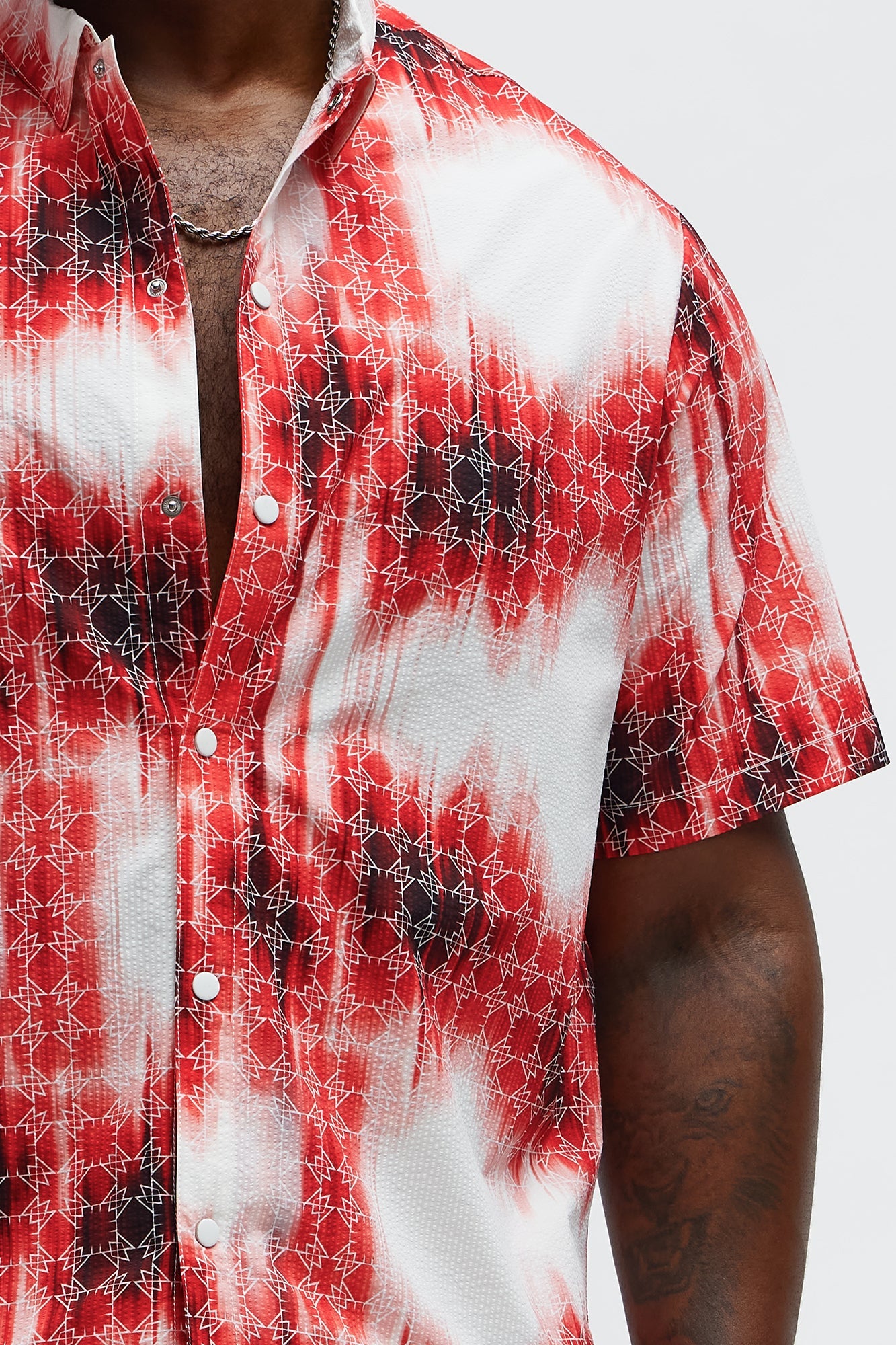 Seersucker Tie Dye Printed Closed Collar Shirt - Red/combo