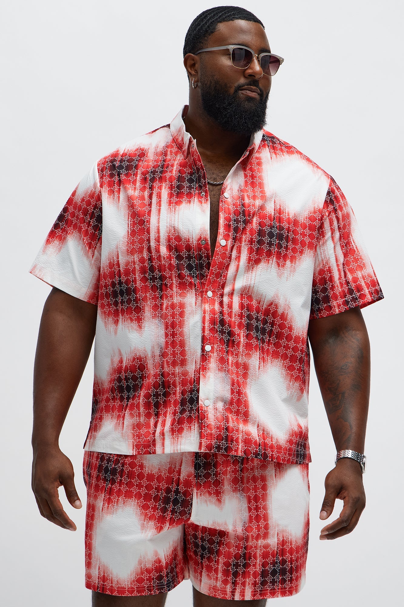 Seersucker Tie Dye Printed Closed Collar Shirt - Red/combo