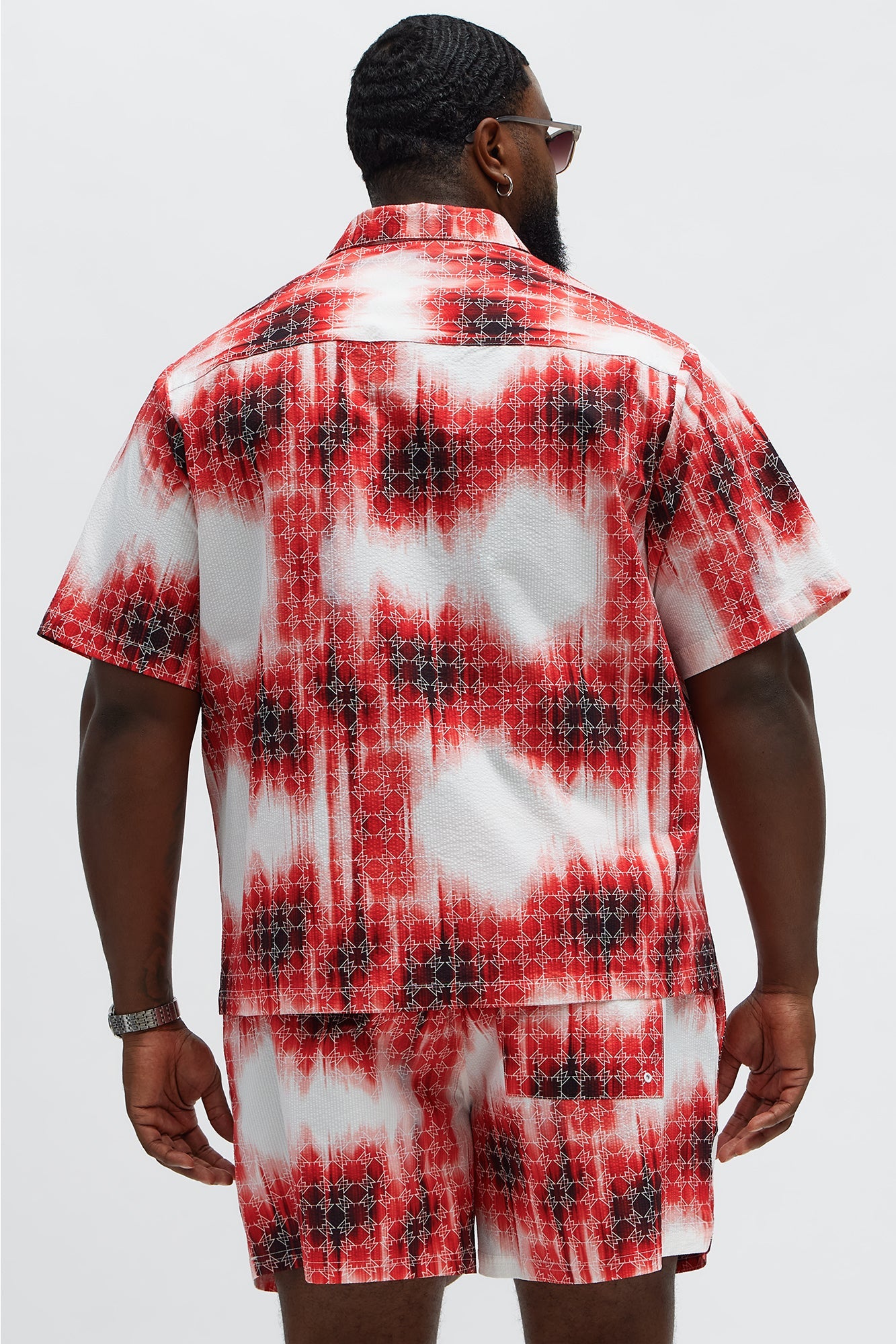 Seersucker Tie Dye Printed Closed Collar Shirt - Red/combo