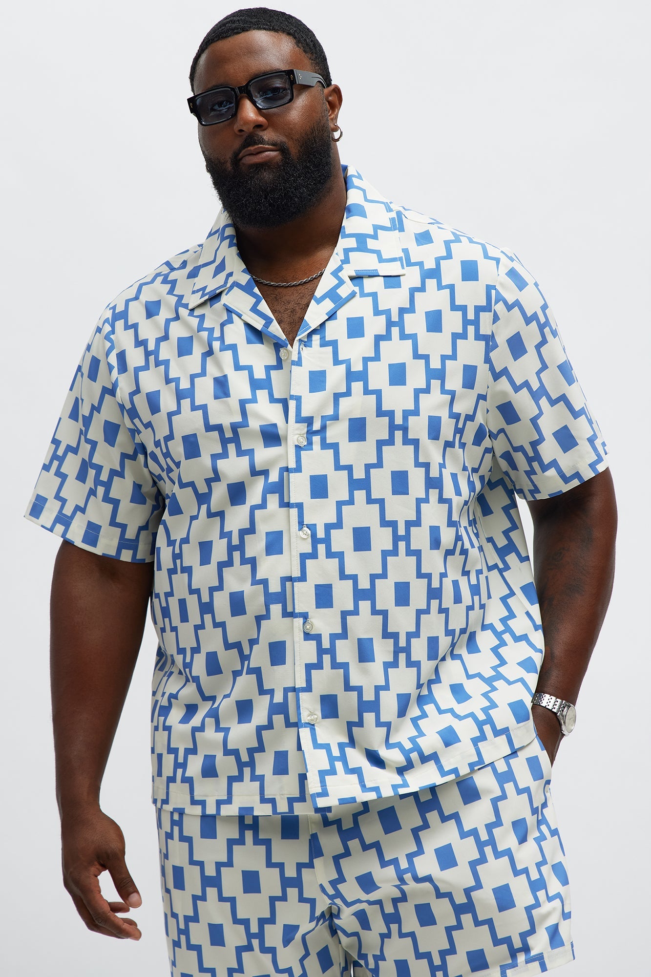 Mosaic Printed Cuban Shirt - Blue/combo