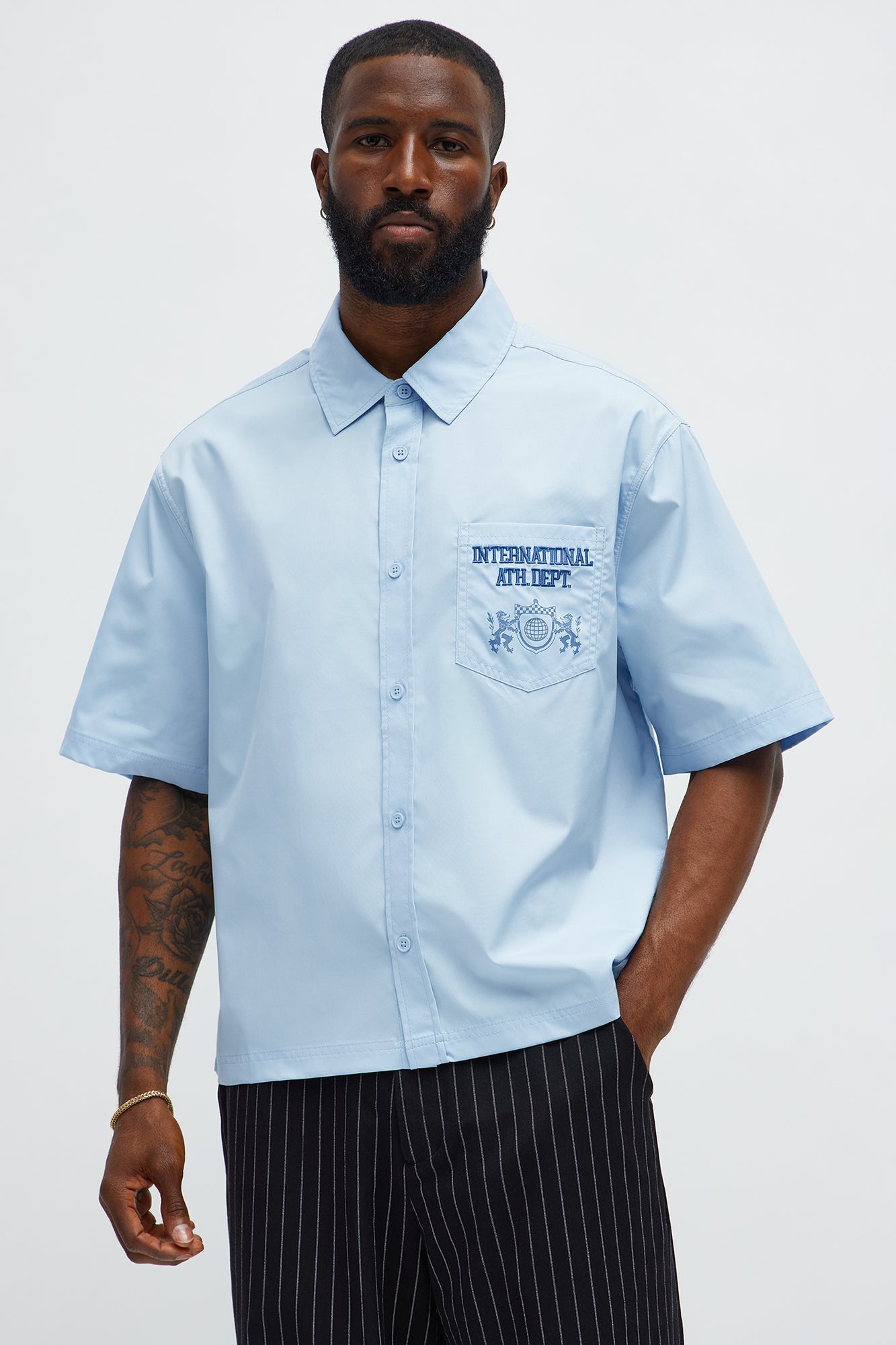 Cropped Athletic Dept. Short Sleeve Button Up Shirt - Blue