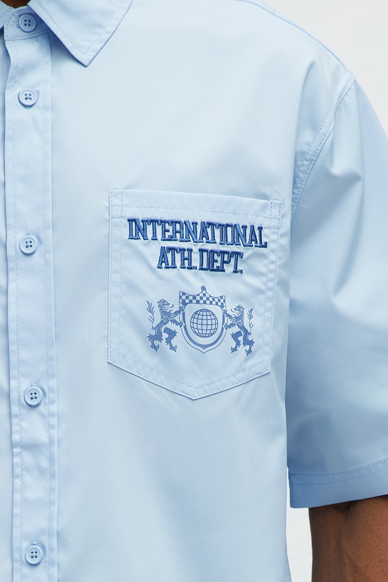 Cropped Athletic Dept. Short Sleeve Button Up Shirt - Blue