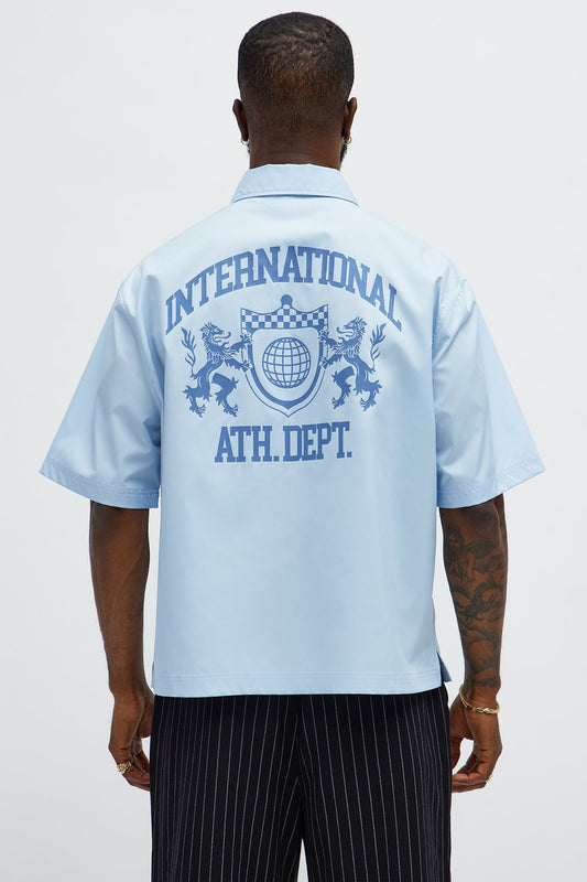Cropped Athletic Dept. Short Sleeve Button Up Shirt - Blue