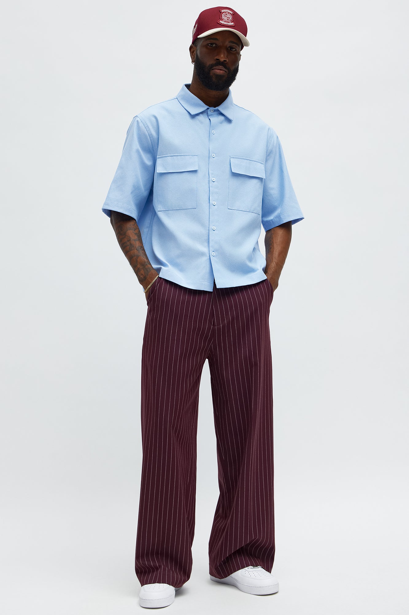 Cropped Double Pocket Button Up Shirt - Blue