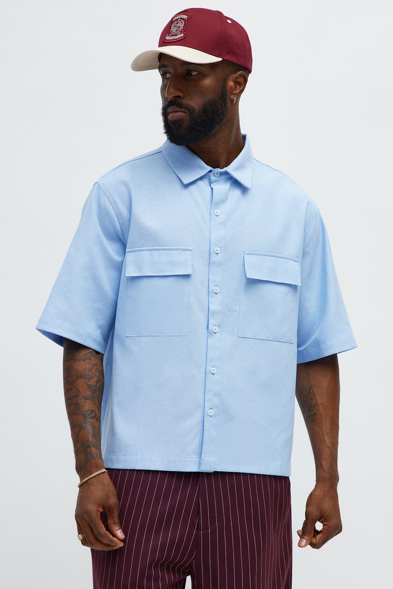 Cropped Double Pocket Button Up Shirt - Blue