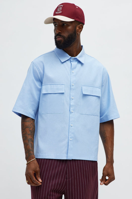 Cropped Double Pocket Button Up Shirt - Blue