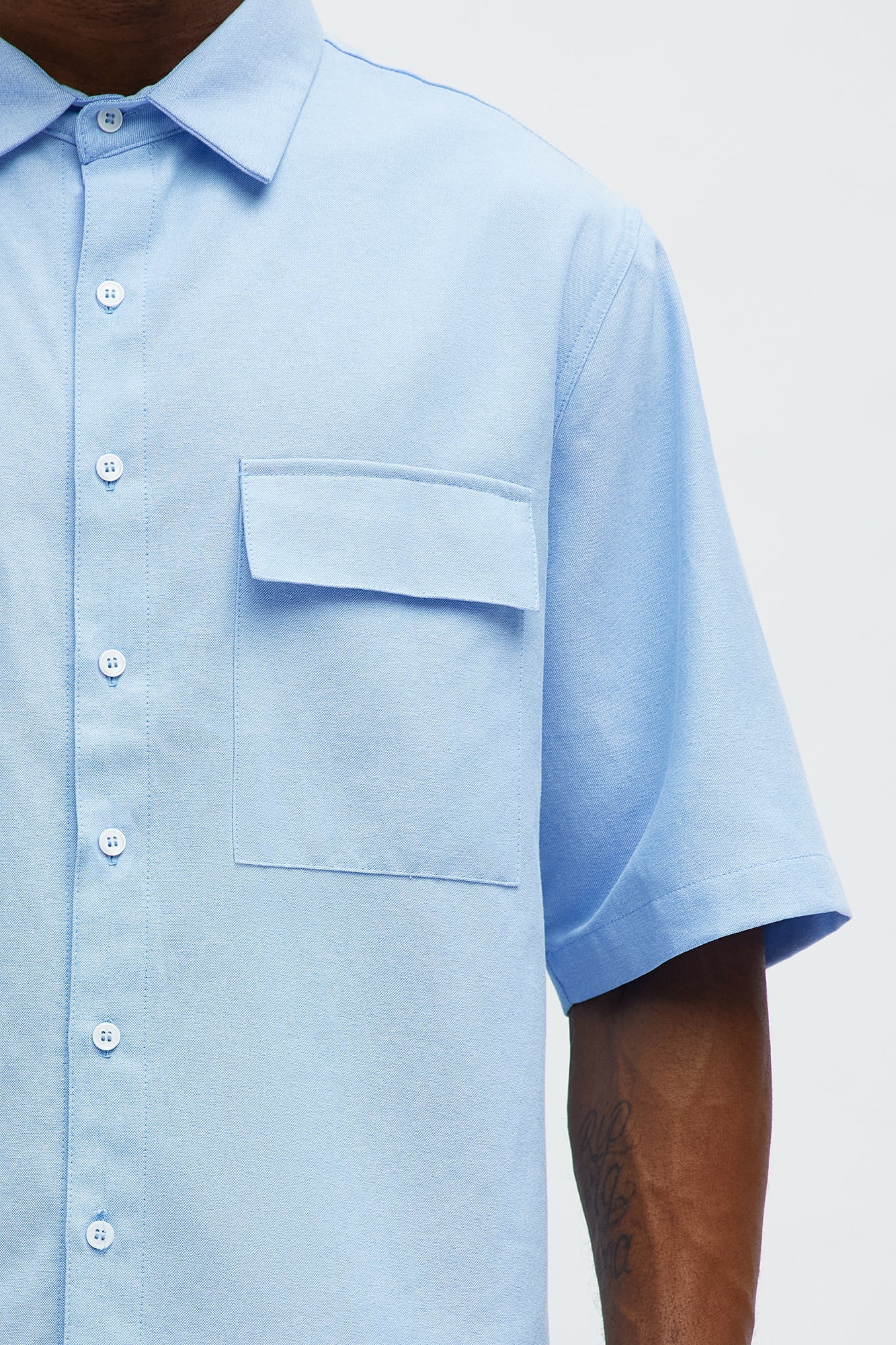 Cropped Double Pocket Button Up Shirt - Blue