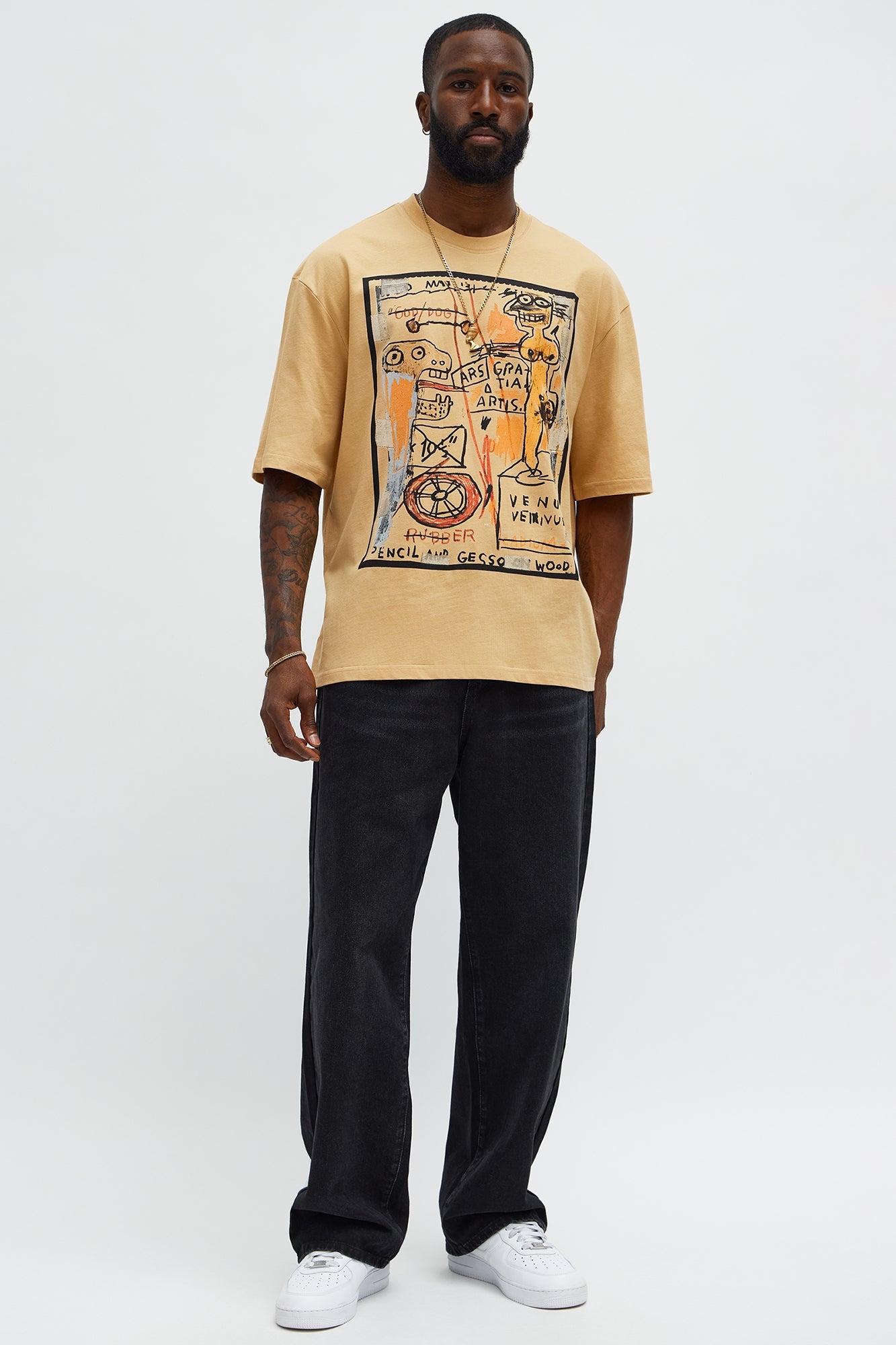 Jean-Michel Basquiat God Dog Oversized Short Sleeve Tee - Khaki