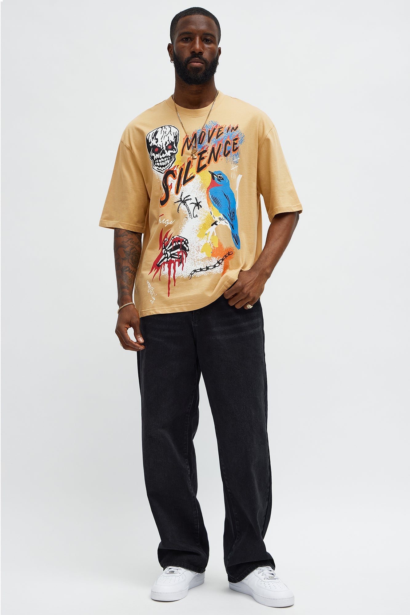 Move In Silence Skull Oversized Short Sleeve Tee - Khaki