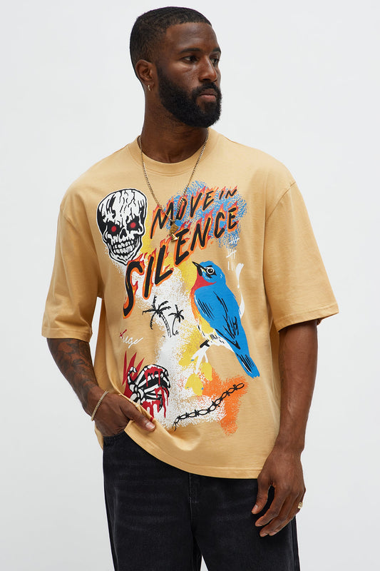 Move In Silence Skull Oversized Short Sleeve Tee - Khaki