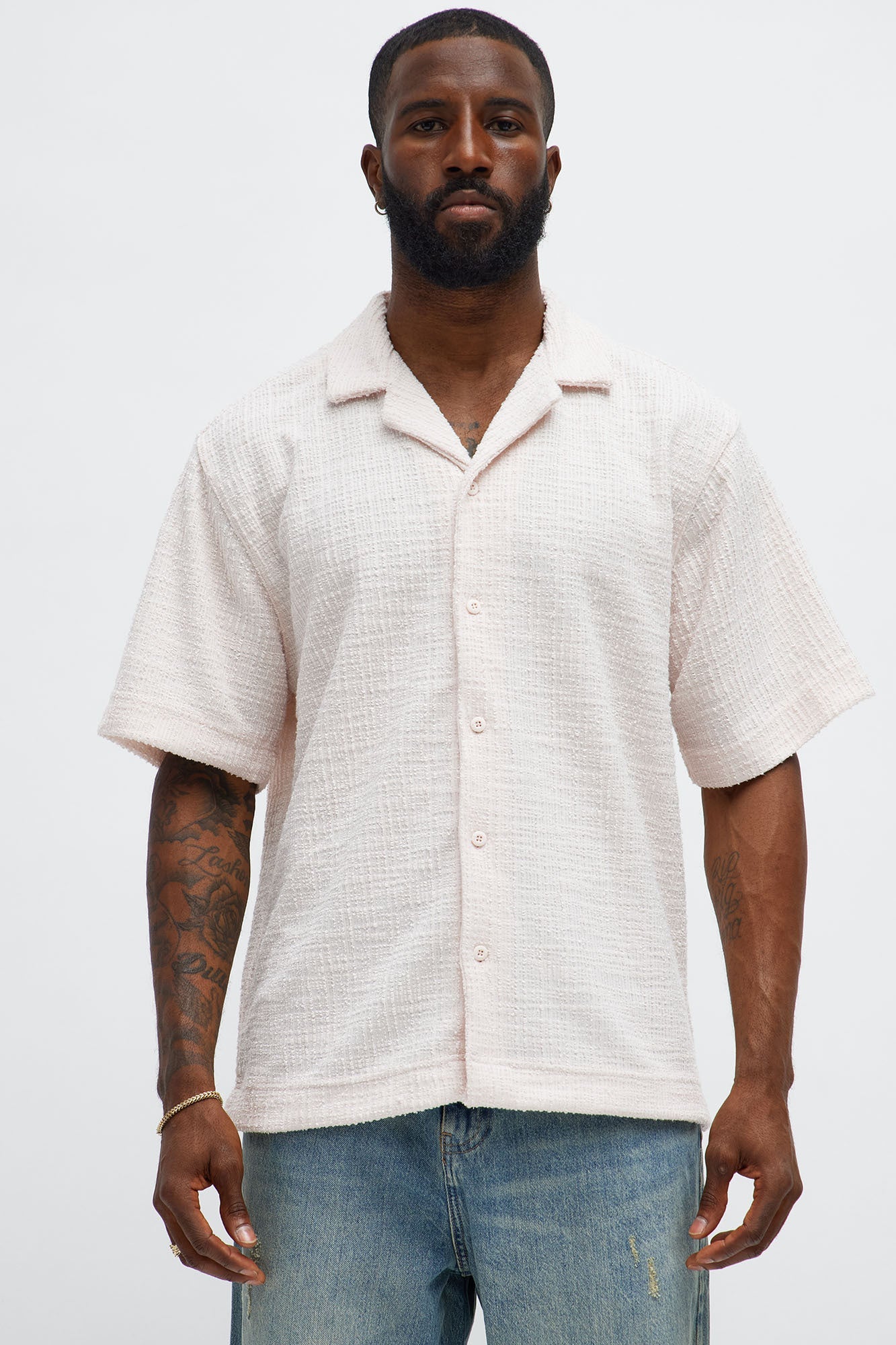 Slub Terry Cuban Button Up Shirt - Pink
