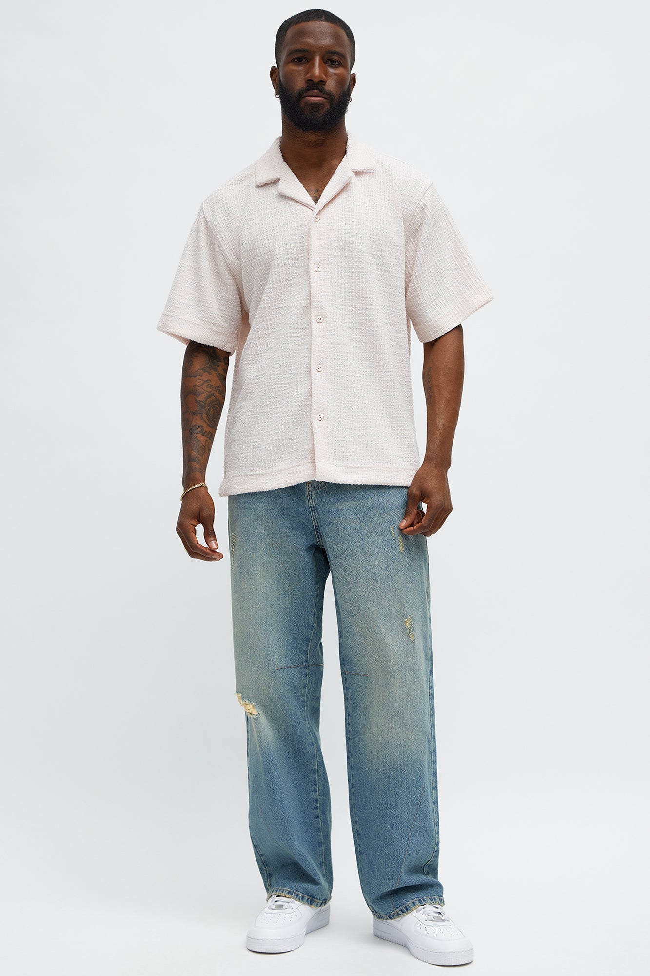 Slub Terry Cuban Button Up Shirt - Pink