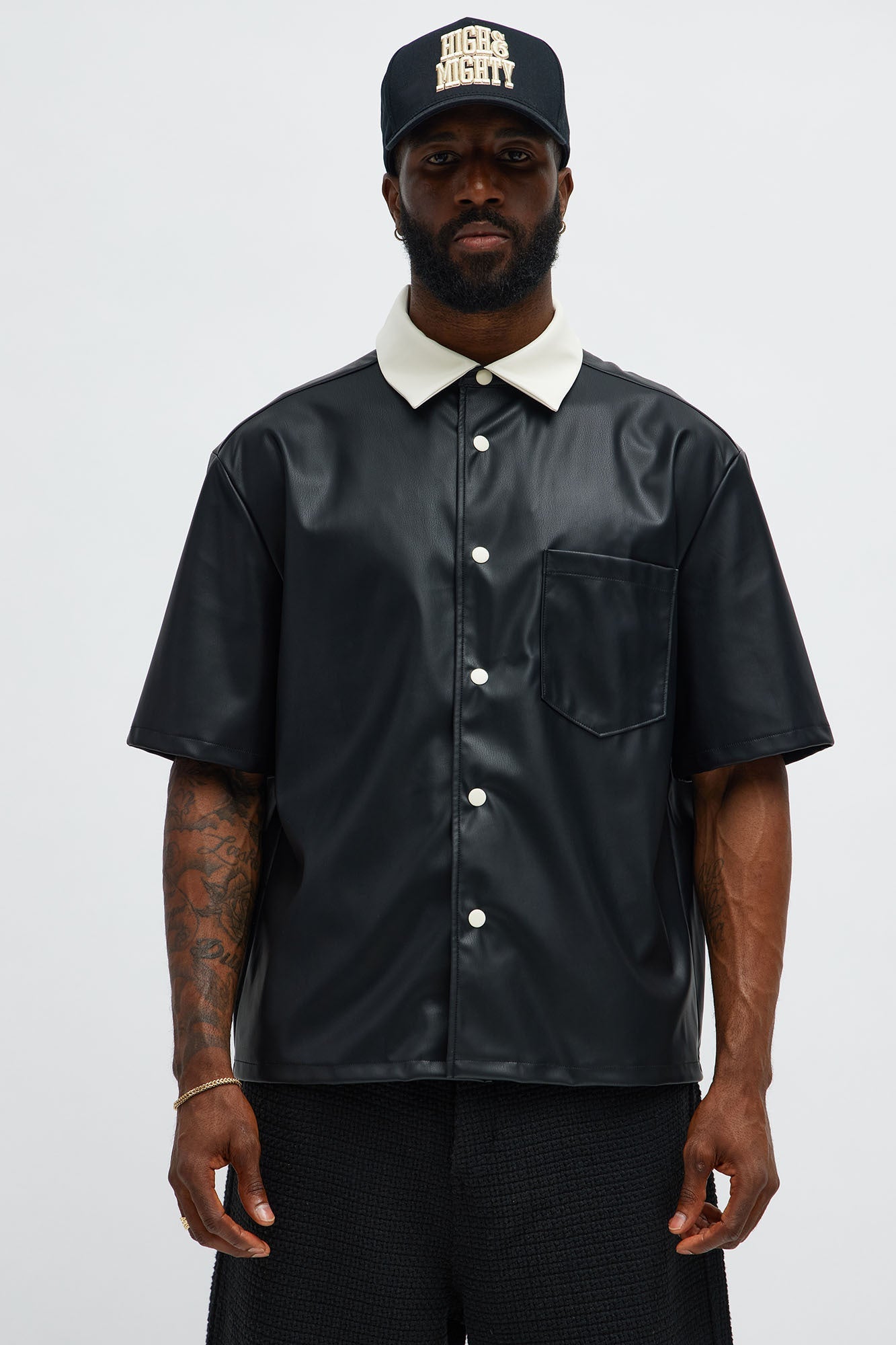 Cropped Colored Collar Faux leather Button Up Shirt - Black