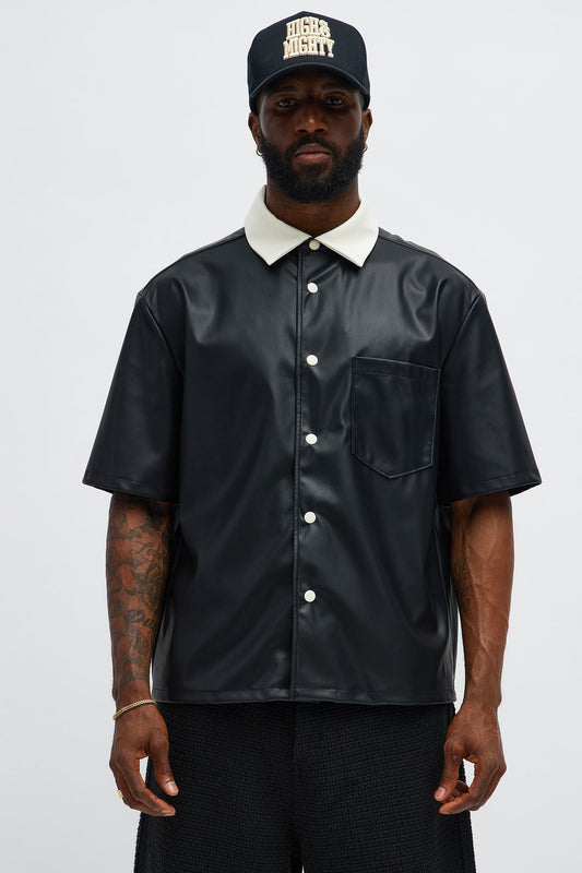 Cropped Colored Collar Faux leather Button Up Shirt - Black
