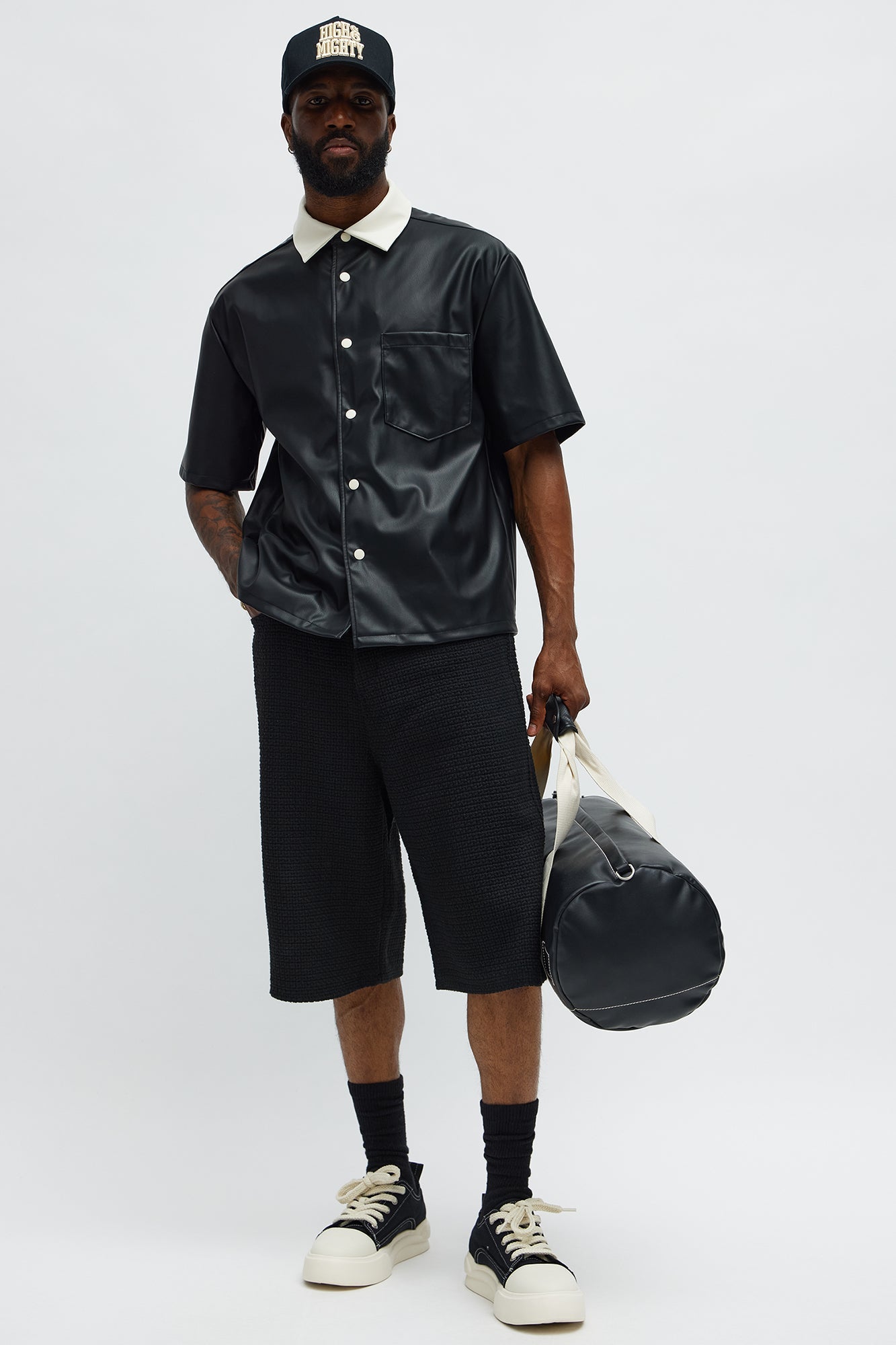 Cropped Colored Collar Faux leather Button Up Shirt - Black