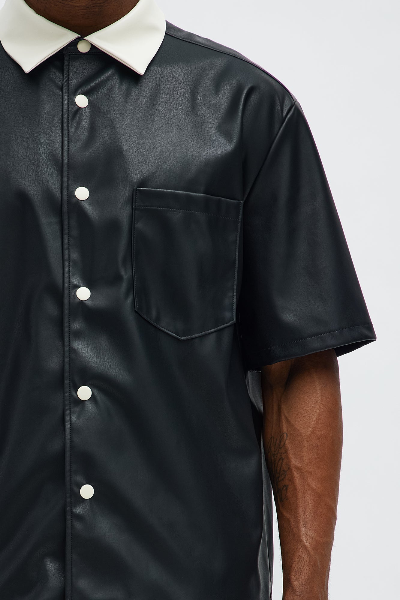 Cropped Colored Collar Faux leather Button Up Shirt - Black