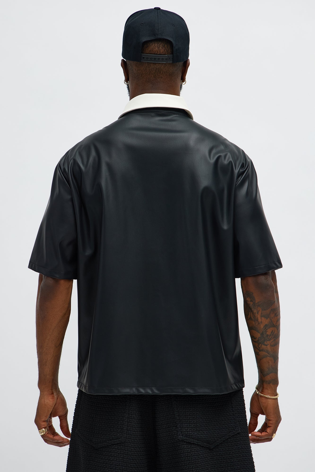 Cropped Colored Collar Faux leather Button Up Shirt - Black