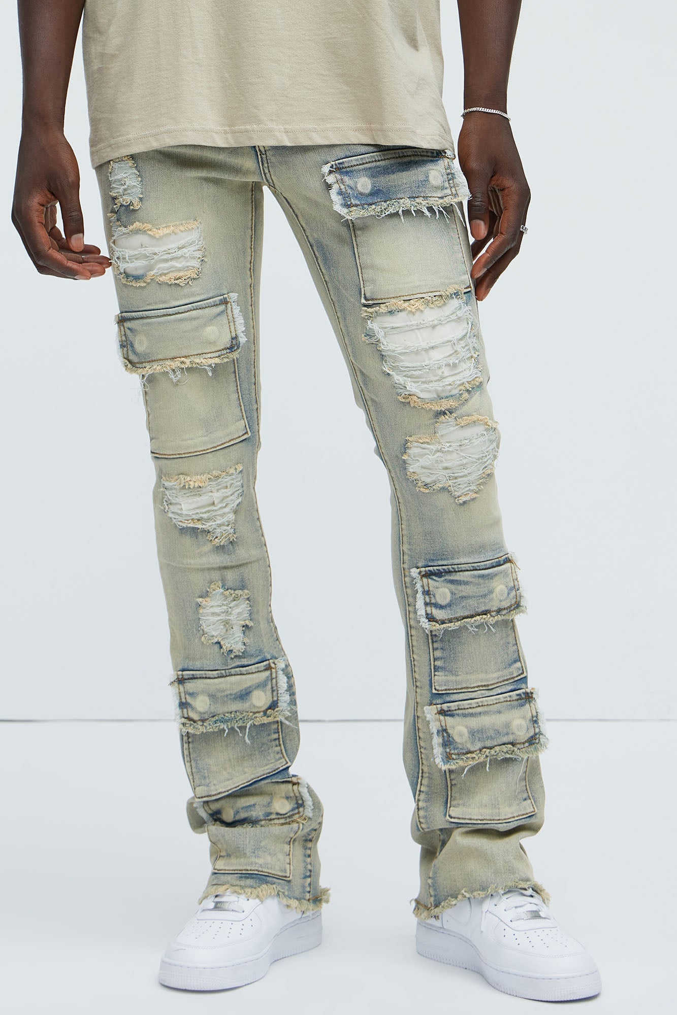Get Started Cargo Stacked Skinny Flare Jeans - Medium Wash