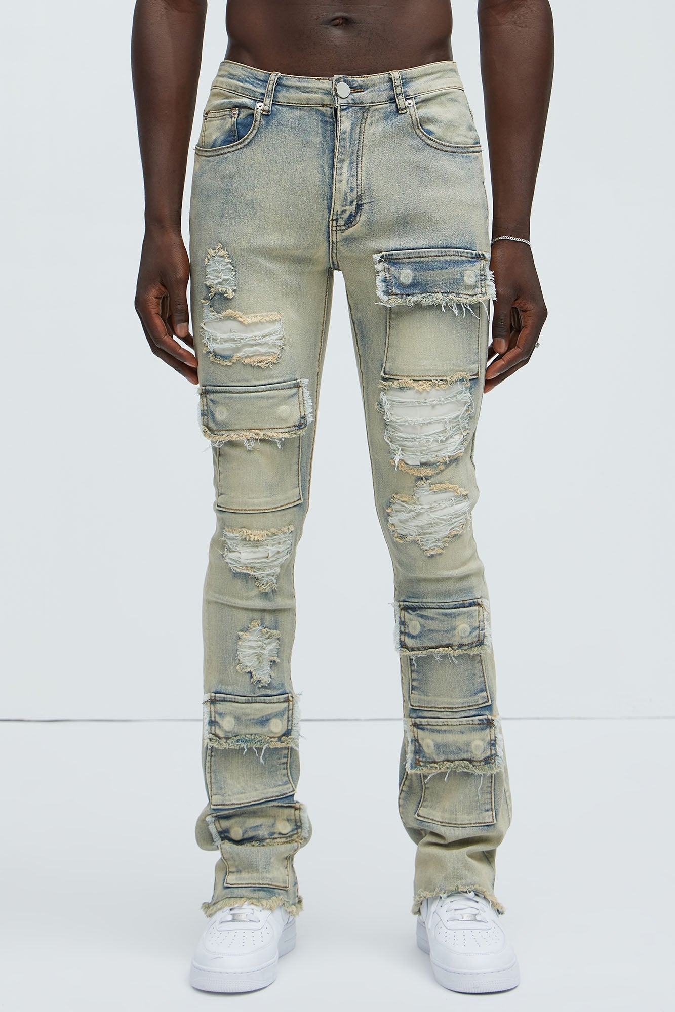 Get Started Cargo Stacked Skinny Flare Jeans - Medium Wash
