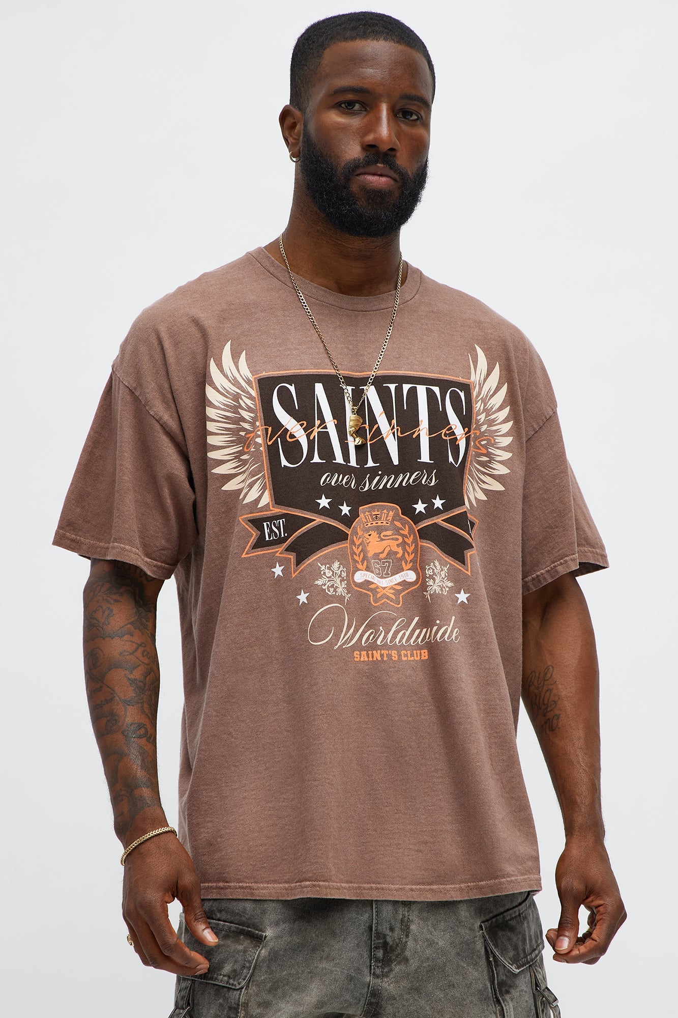 Saints Over Sinners Oversized Short Sleeve Tee - Brown