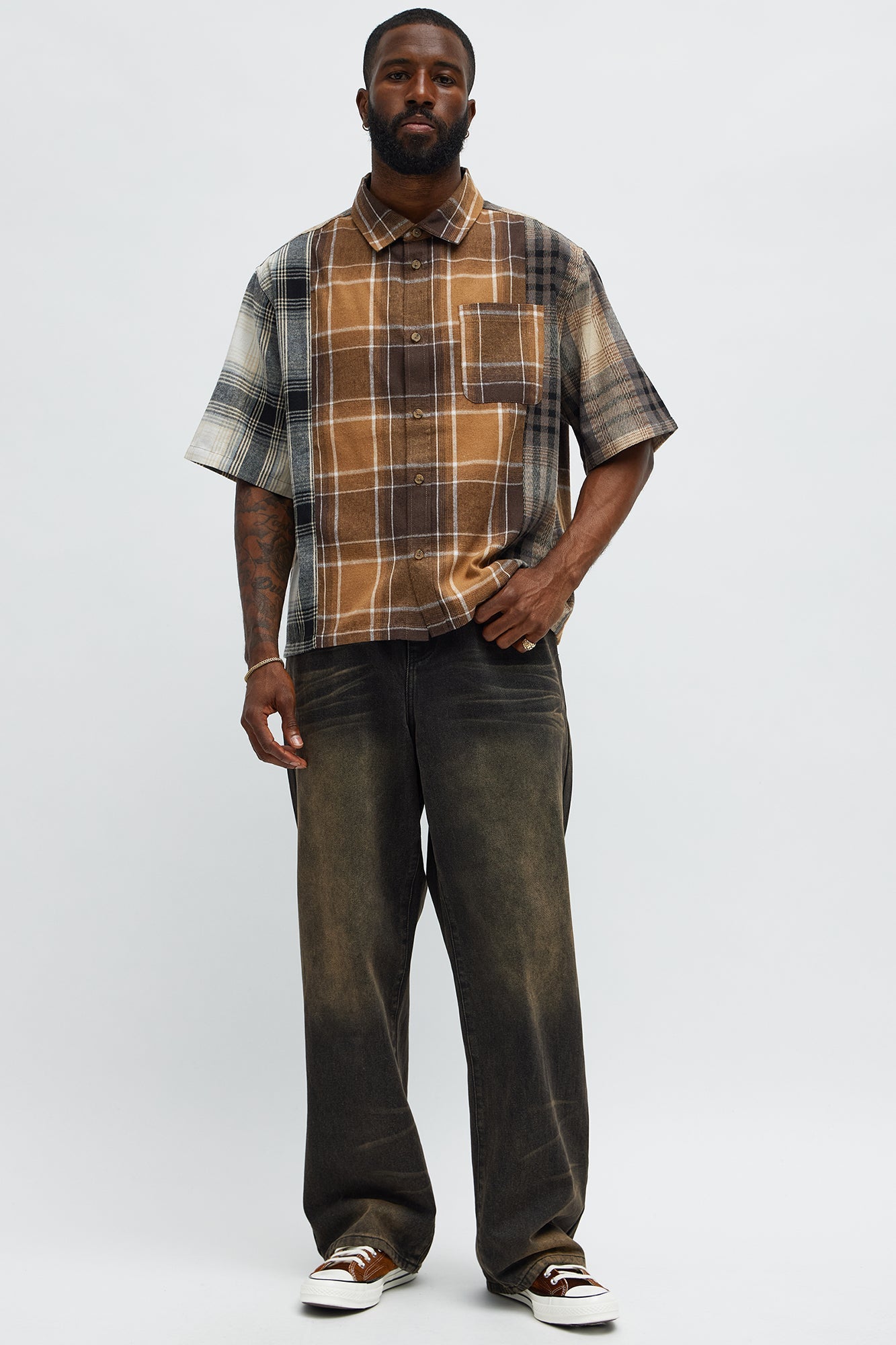 Cropped Patchwork Flannel Button Up - Brown Combo