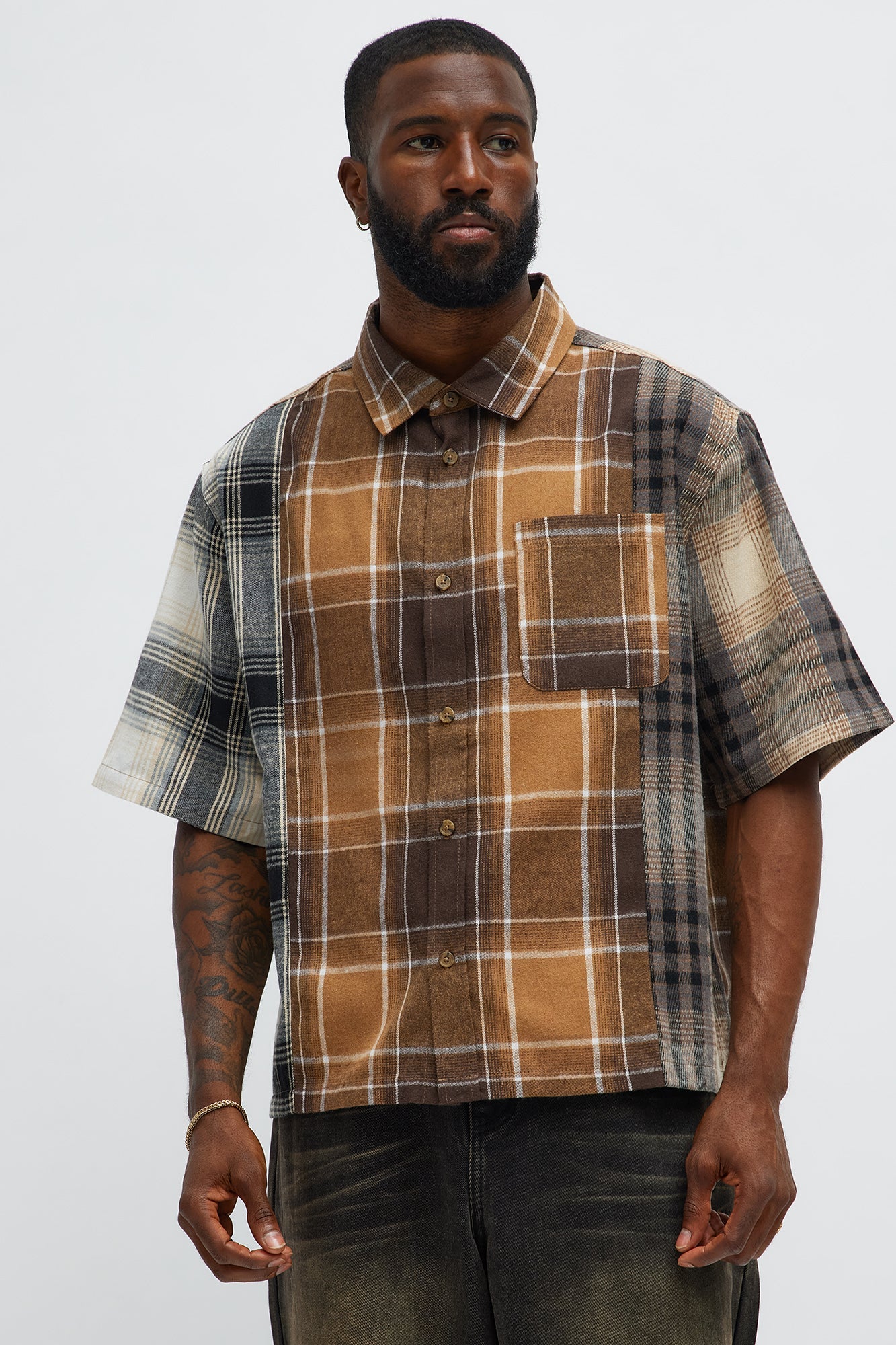Cropped Patchwork Flannel Button Up - Brown Combo