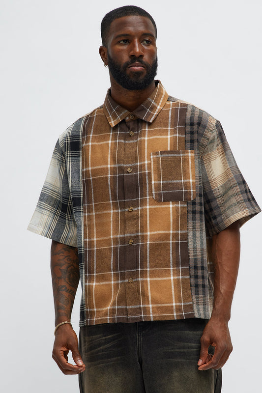 Cropped Patchwork Flannel Button Up - Brown Combo