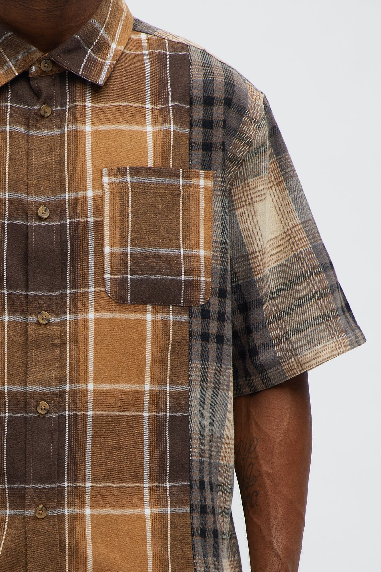 Cropped Patchwork Flannel Button Up - Brown Combo