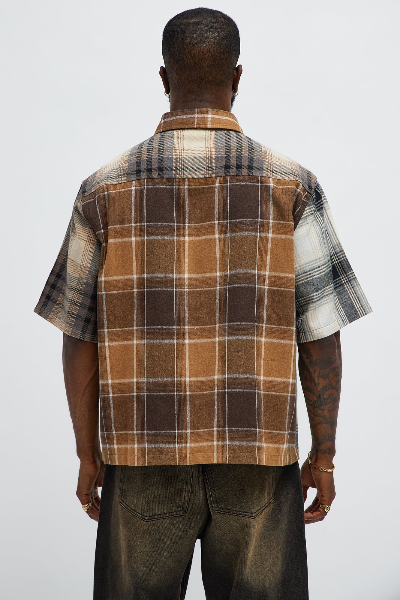 Cropped Patchwork Flannel Button Up - Brown Combo