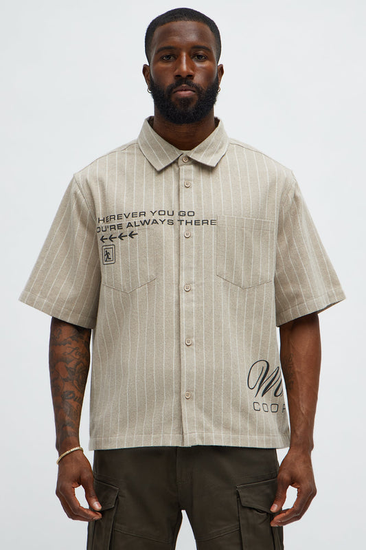 Worldwide Striped Cropped Button Up Shirt - Stone