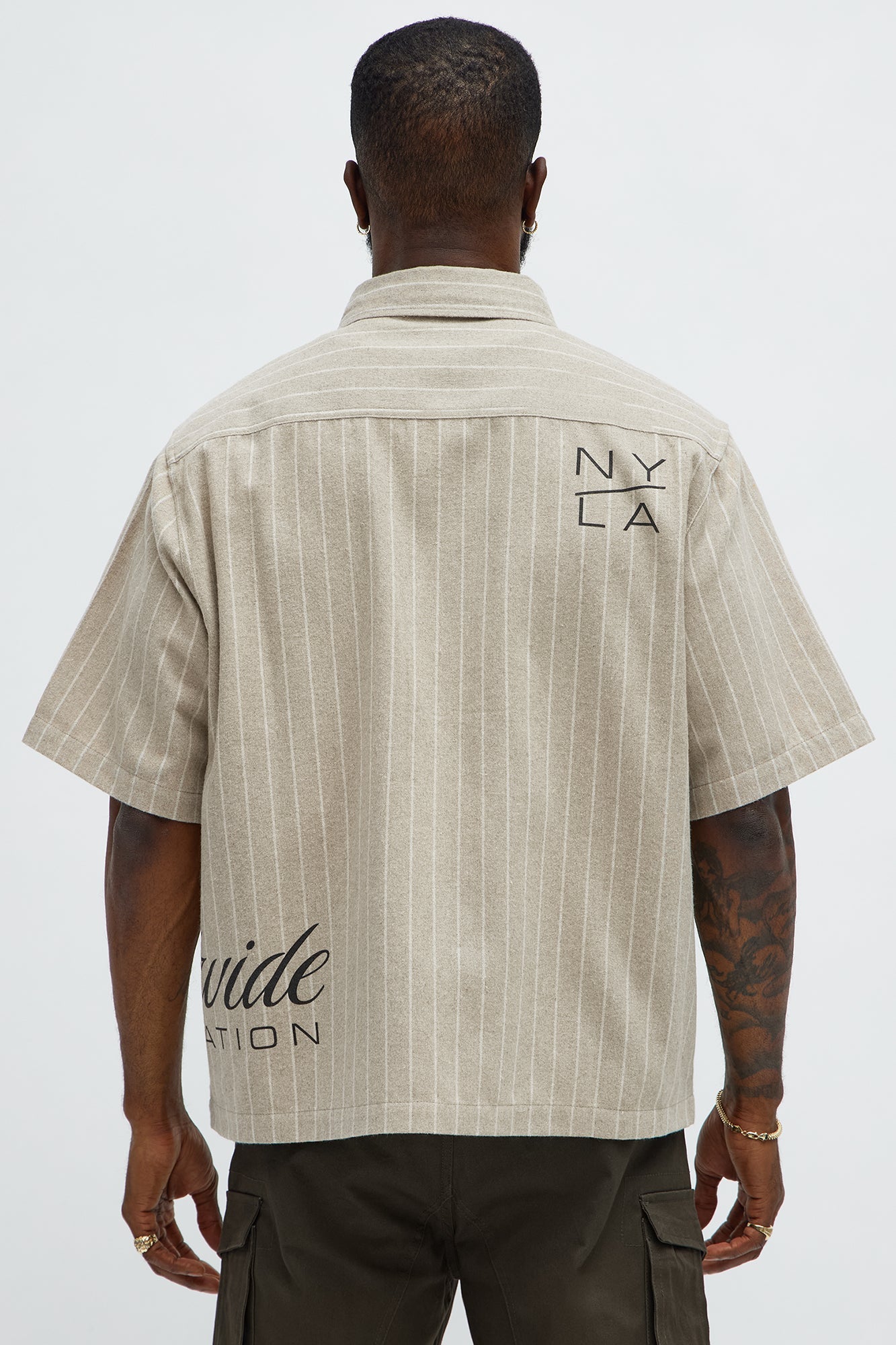 Worldwide Striped Cropped Button Up Shirt - Stone