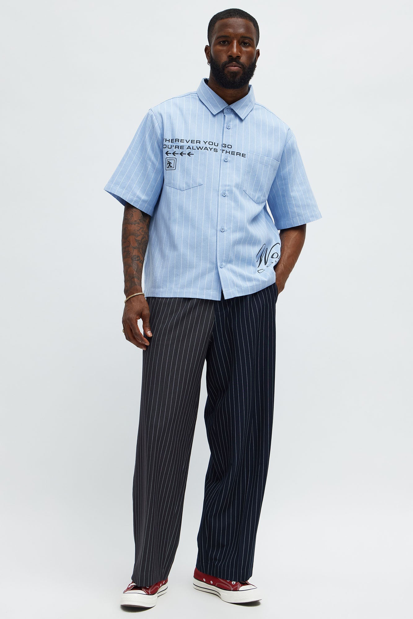 Worldwide Striped Cropped Button Up Shirt - Light Blue