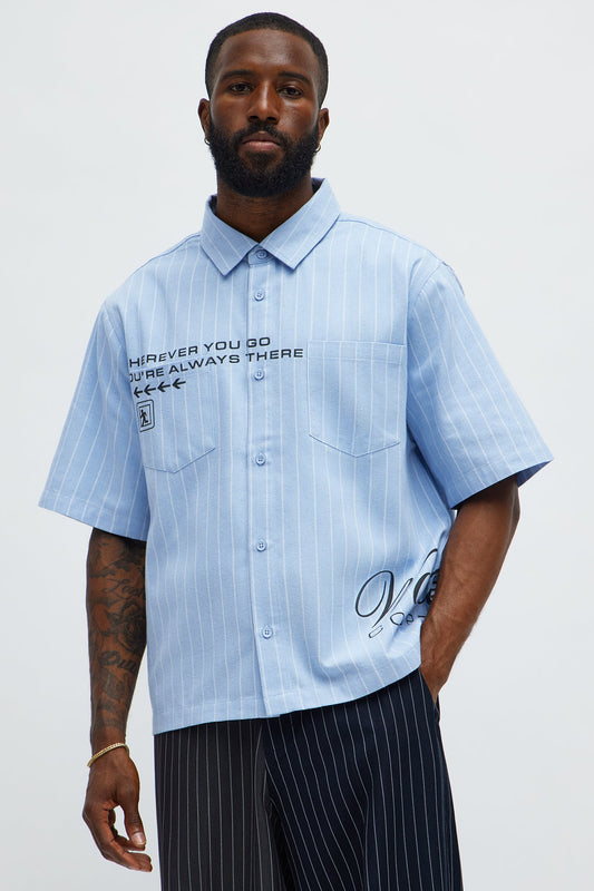 Worldwide Striped Cropped Button Up Shirt - Light Blue