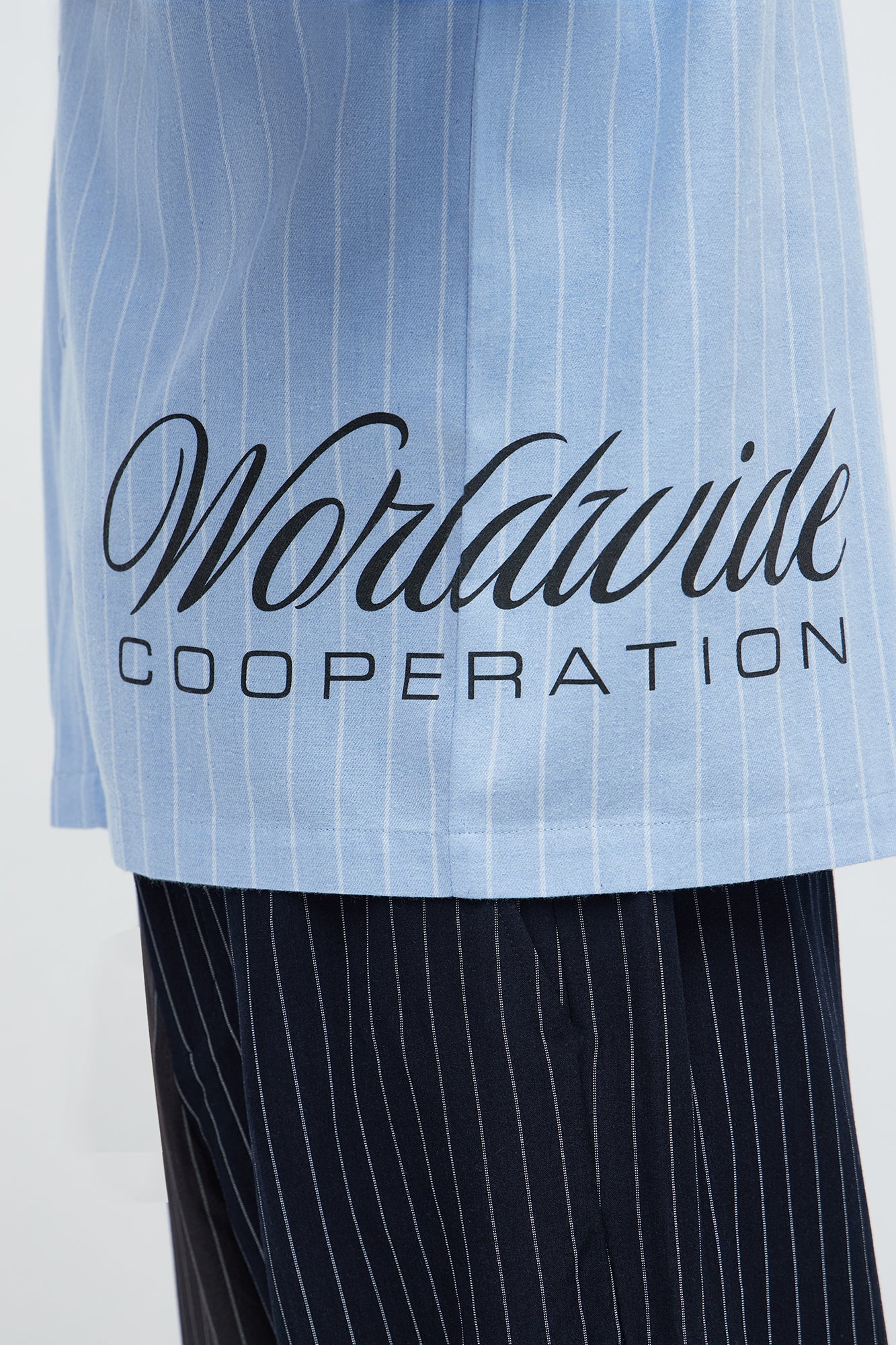 Worldwide Striped Cropped Button Up Shirt - Light Blue