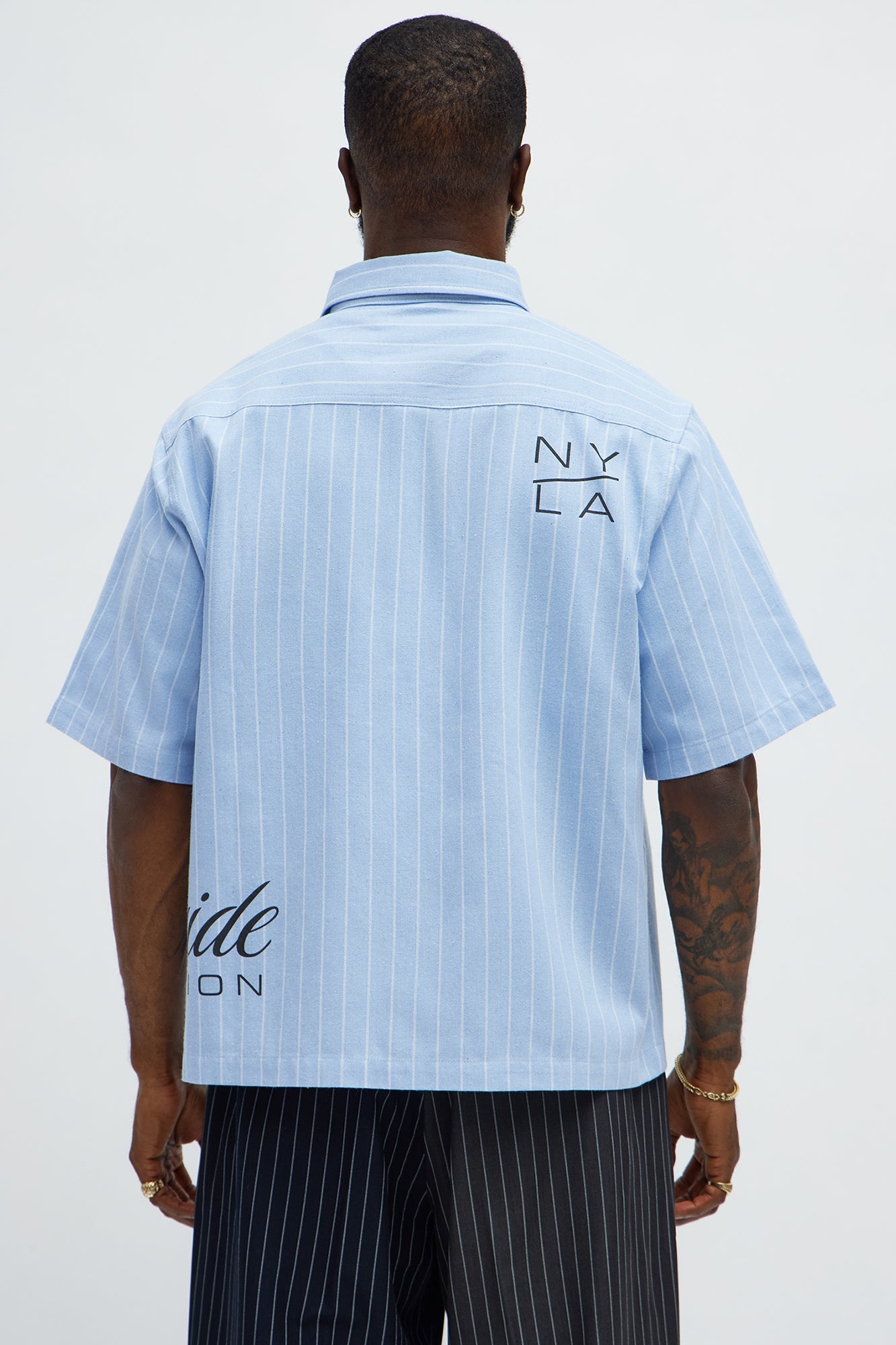 Worldwide Striped Cropped Button Up Shirt - Light Blue