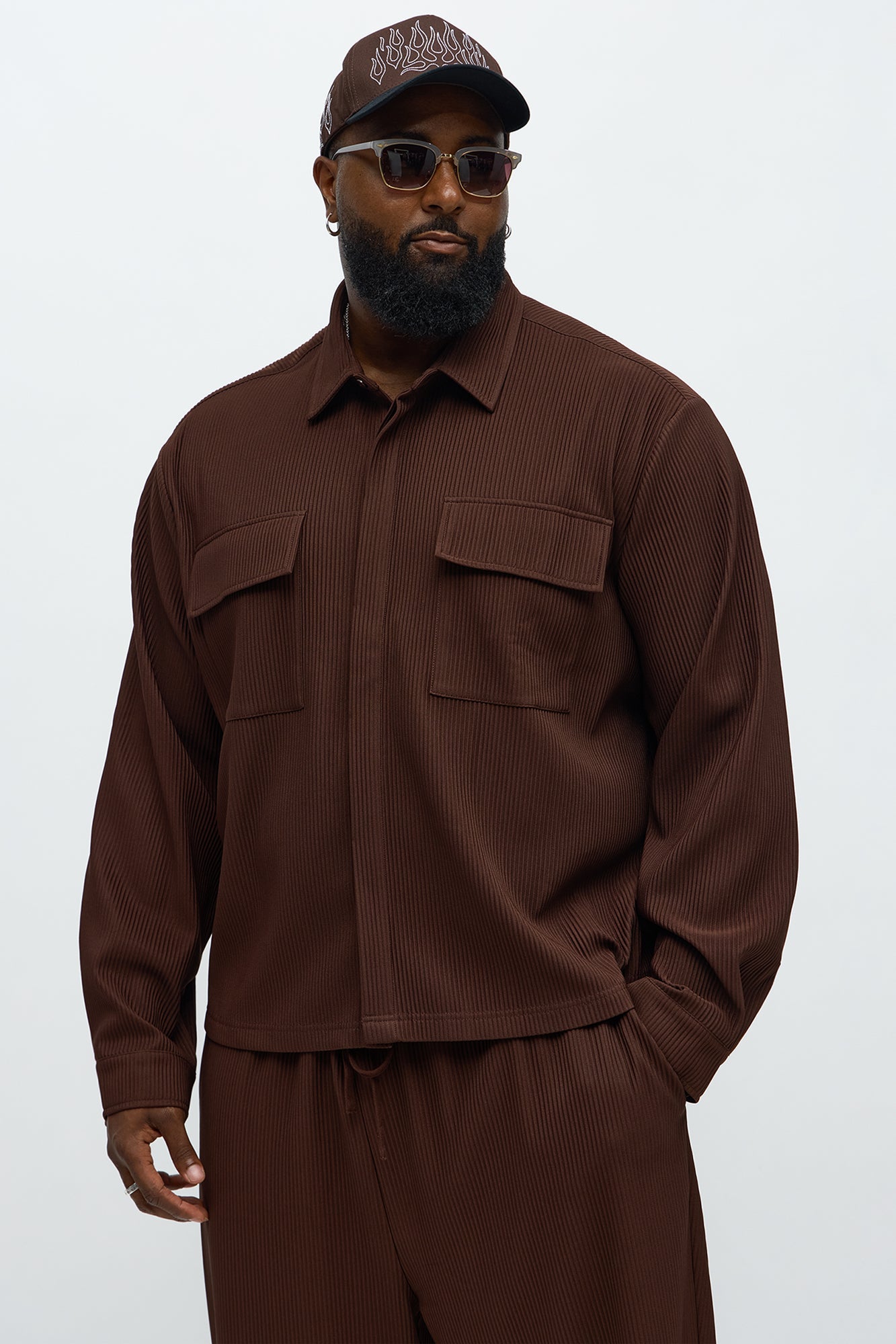 Show Up Cropped Long Sleeve Button Up Shirt - Brown