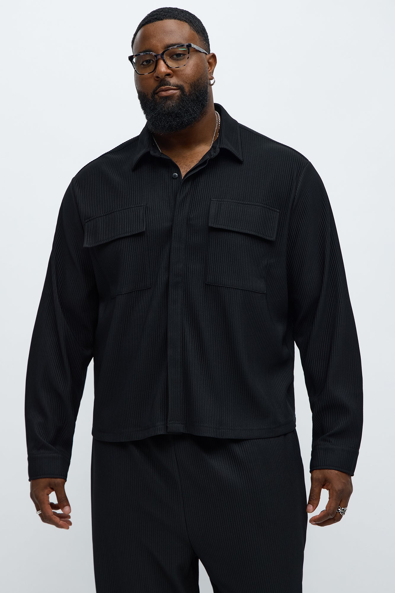 Show Up Cropped Long Sleeve Button Up Shirt - Black