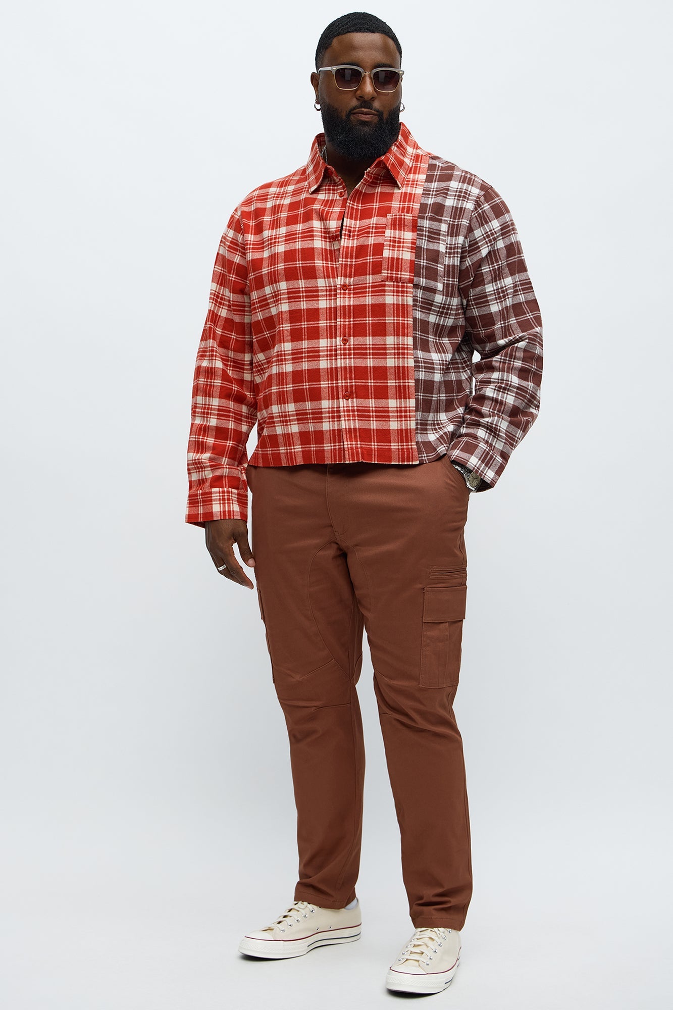 Split Flannel Button Up Shirt - Red/combo