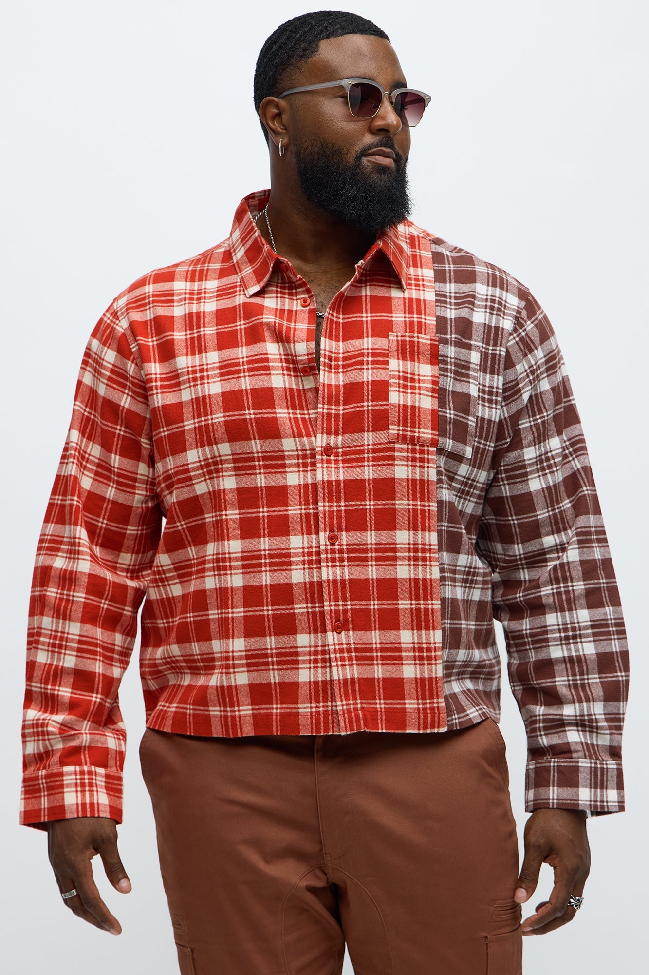 Split Flannel Button Up Shirt - Red/combo
